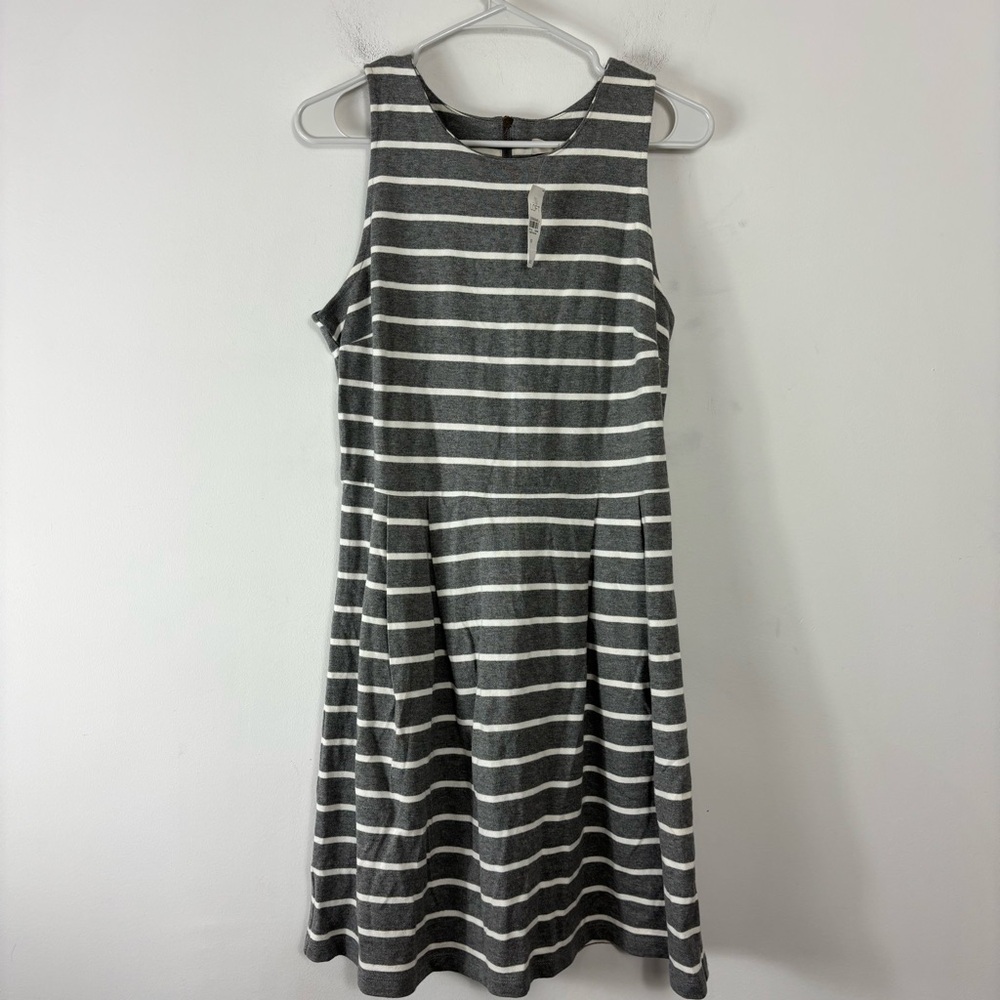 Loft Sleeveless Dress Womens 10 Gray White Stripe Pleated Comfort Neutral Preppy